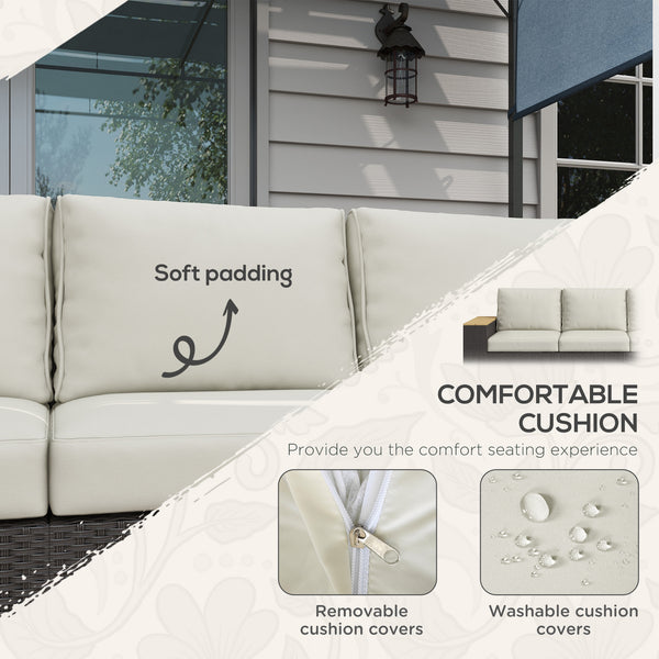 3 Seater Outdoor Sofa with Cushions, Synthetic Rattan Patio Sofa with Faux Wood Armrests, Cream White