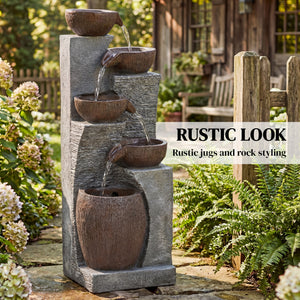 Outdoor cascading stone fountain, 5 tiers, LED lighting, adjustable flow, rustic gray and brown