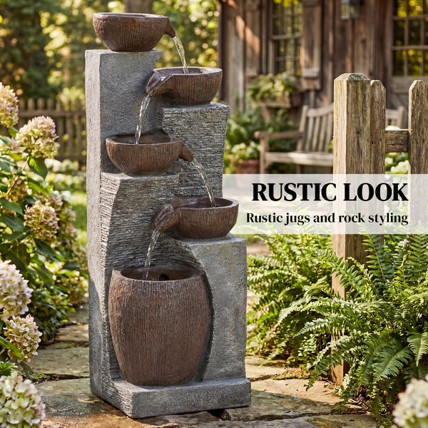 Outdoor cascading stone fountain, 5 tiers, LED lighting, adjustable flow, rustic gray and brown