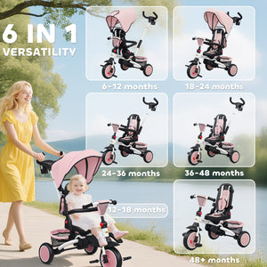 6 in 1 Tricycle with Push Handle, Removable Canopy, Swivel Seat, Pink