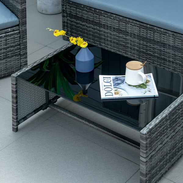 4-piece resin wicker furniture set with glass coffee table, grey
