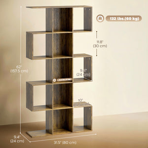 5-Tier Geometric S-Shaped Bookshelf with 15 Compartments, Rustic Brown