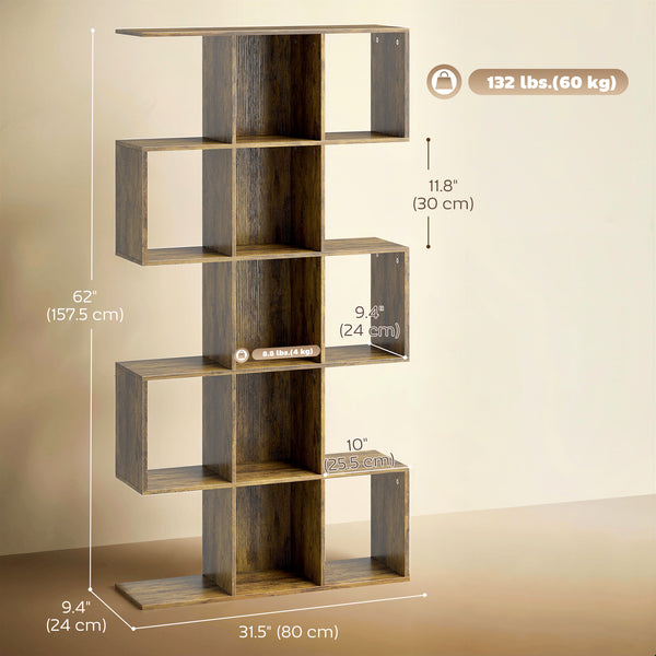 5-Tier Geometric S-Shaped Bookshelf with 15 Compartments, Rustic Brown