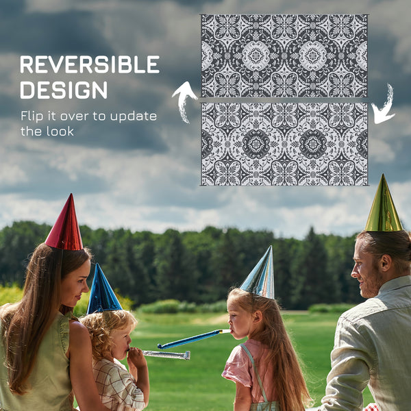 Portable outdoor mat with carrying bag, reversible, grey and white floral pattern
