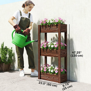 3-tier wooden raised garden bed with legs, drainage holes, and bed liner.