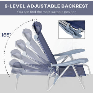 Set of 2 beach chairs, camping chairs with adjustable backrest and headrest, dark blue