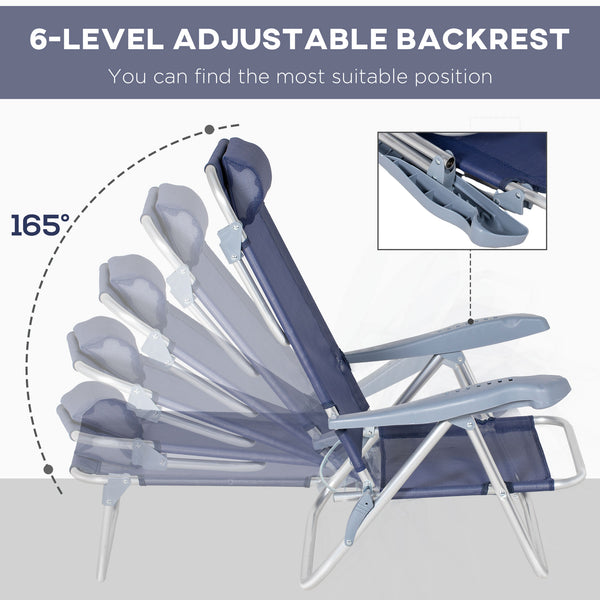 Set of 2 beach chairs, camping chairs with adjustable backrest and headrest, dark blue