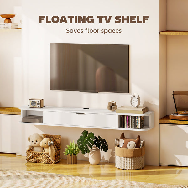 Floating wall-mounted TV unit for TVs up to 60 inches, with a drop-down drawer and 2 open shelves, white