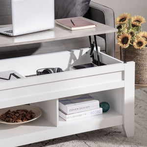 Lift-top coffee table with hidden storage compartment and open shelves, white