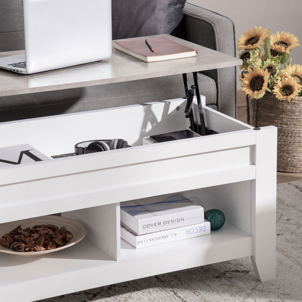 Lift-top coffee table with hidden storage compartment and open shelves, white