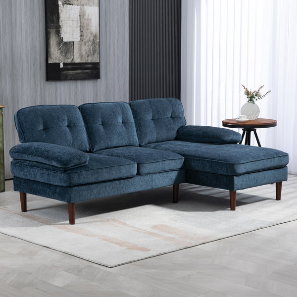 Modern corner sofa with right chaise longue with wooden legs, navy blue