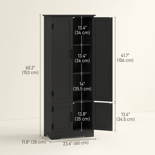 Tall black storage cabinet with 4 doors and adjustable shelves