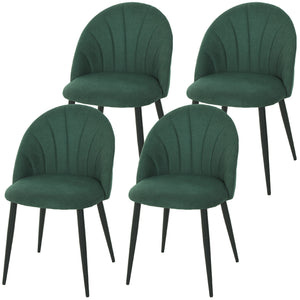 Set of 4 modern dining chairs with metal legs, shell back, and upholstered seat, green.