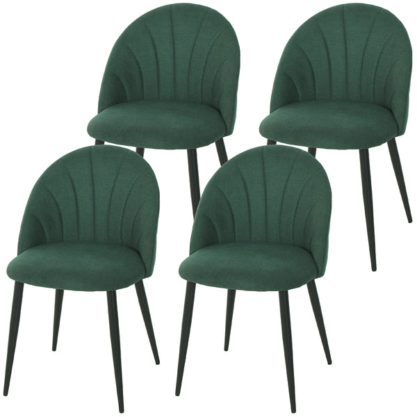 Set of 4 modern dining chairs with metal legs, shell back, and upholstered seat, green.