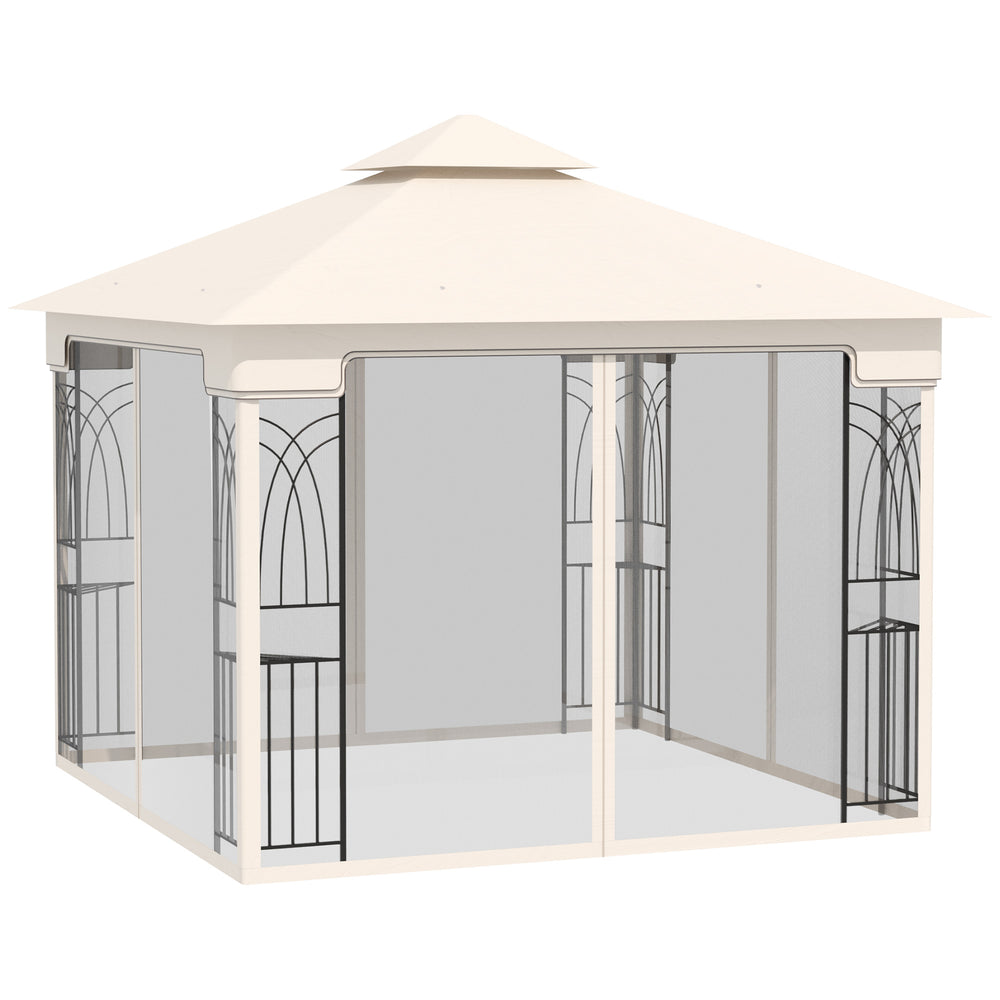10'x10' Soft Top Patio Gazebo with Two-Tier Roof, Mesh Curtains, Display Shelves, Top Hooks, Cream Color