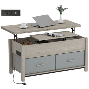 Lift-top extendable coffee table with power outlets, USB ports, and 5 storage compartments – Dark gray