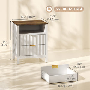 Bedside table with 2 drawers, open shelf and walnut-effect top, white