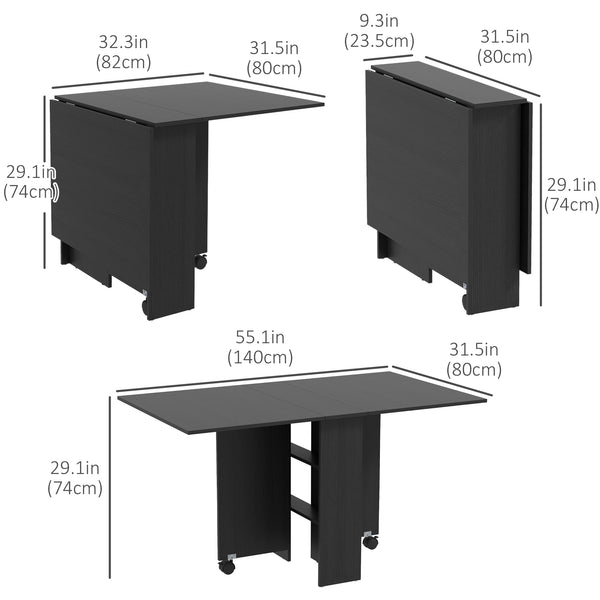 Folding Dining Table with Storage Shelves and Casters, Black