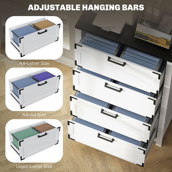 Country Style 4 Drawer Filing Cabinet with Adjustable Hanging Bars for Letter, A4, Legal Size, White