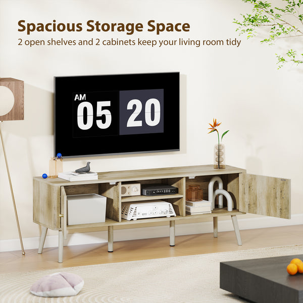 65-inch TV stand with adjustable shelves and pine, oak legs