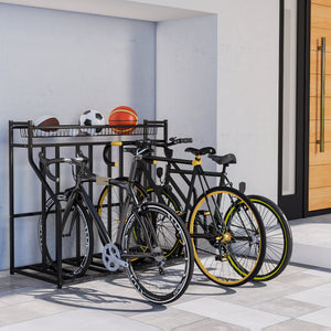 Metal bicycle rack with basket and hooks, black