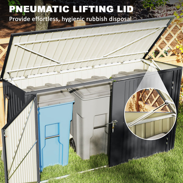 Garden shed with three bin compartments, grey