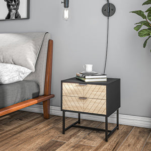 Modern bedside table with 2 drawers and steel structure, black and oak