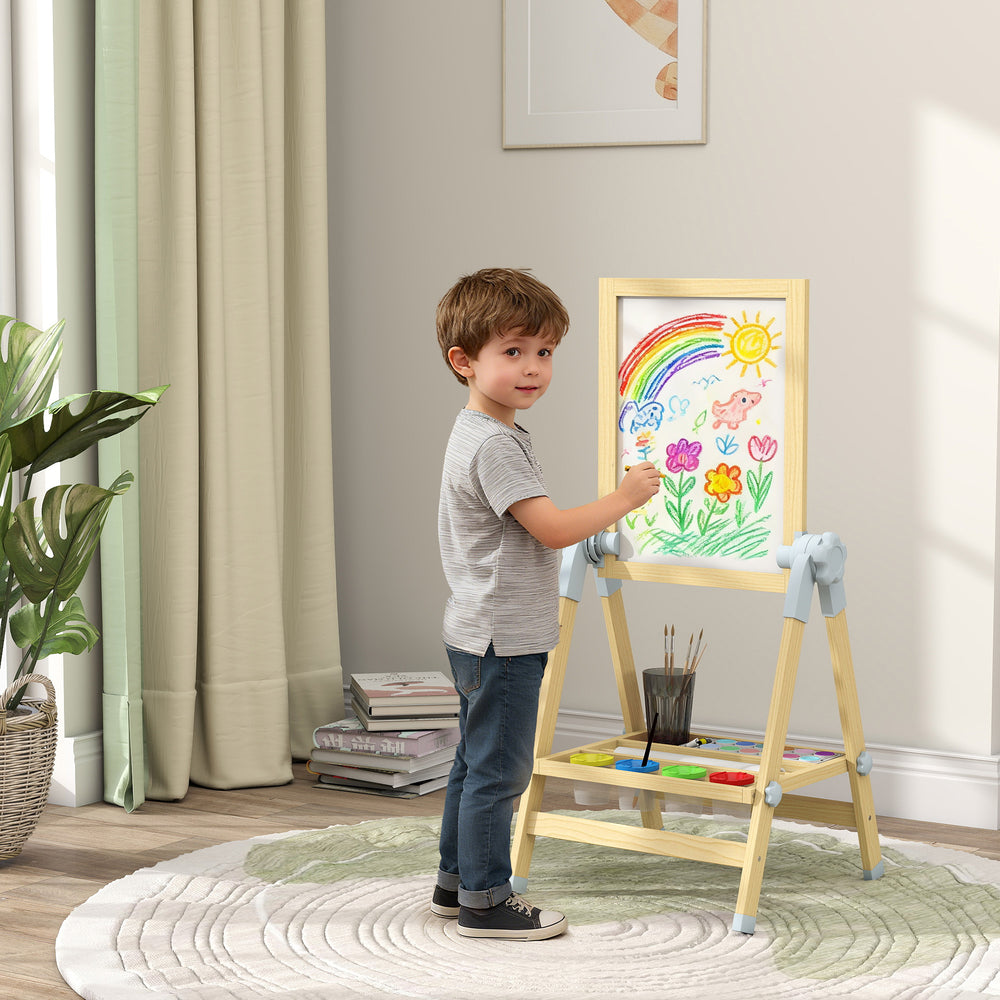 Double-sided wooden art easel with height-adjustable chalkboard and magnetic whiteboard, natural