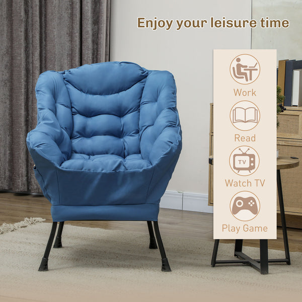 Accent chair with side pockets and solid steel legs, blue