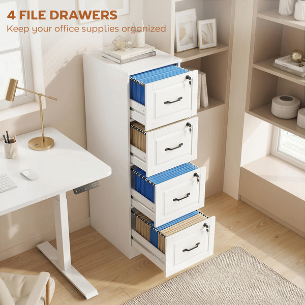 4-drawer vertical filing cabinet with lock, equipped with adjustable hanging rails for A4 and Letter sizes, white.