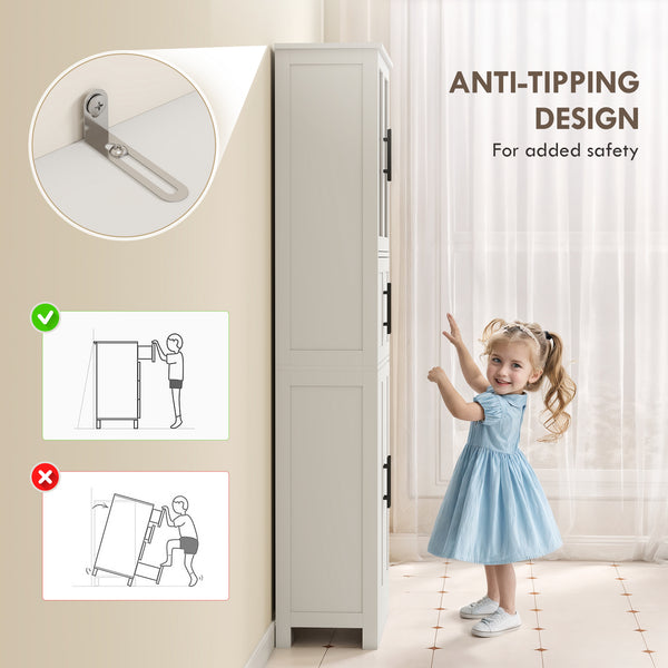 Bathroom storage cabinet with glass doors and adjustable shelves, white