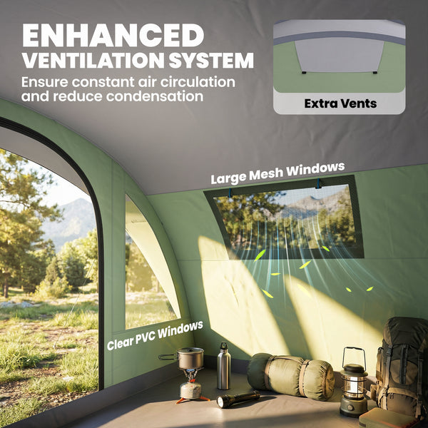 5-Person Multi-Room Camping Tent, Easy Setup with 4 Windows and Porch, Light Green