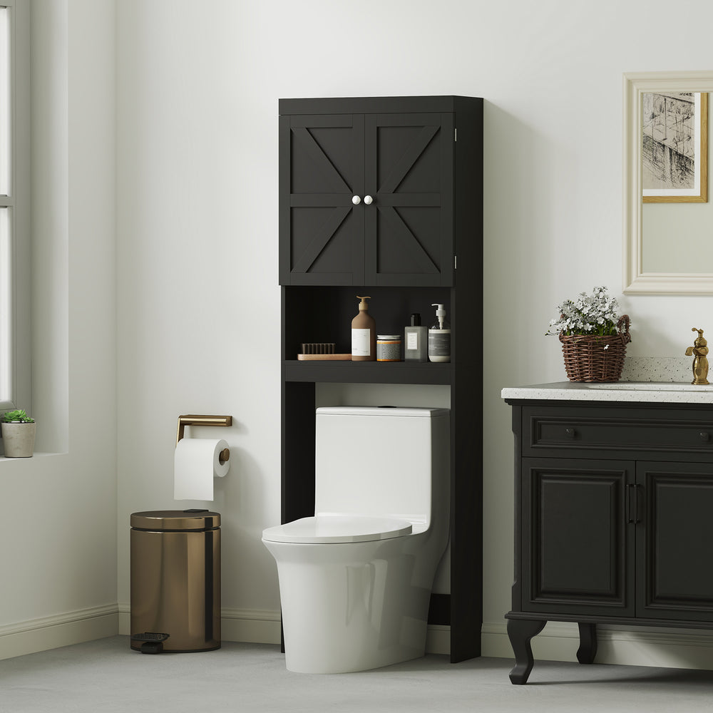 Modern Bathroom Cabinet with Barn Doors and Open Shelf, Black
