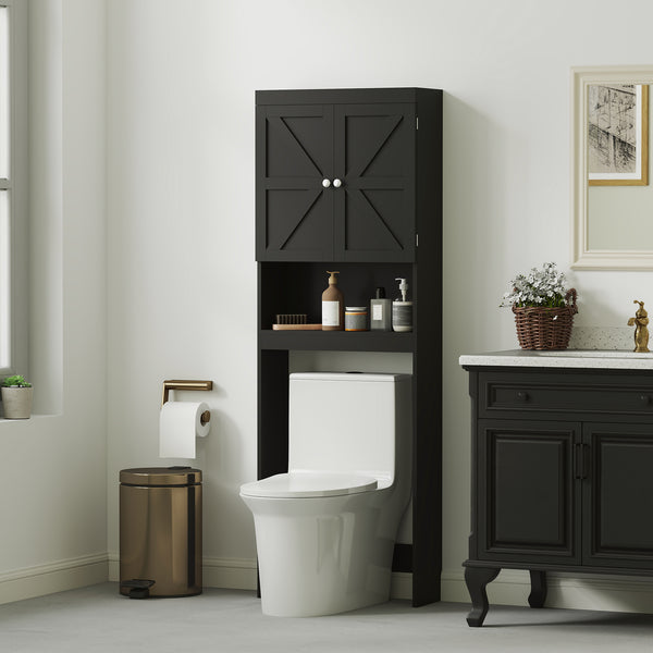 Modern Bathroom Cabinet with Barn Doors and Open Shelf, Black