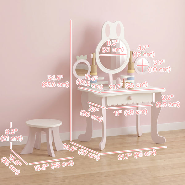 Children's dressing table with 3 mirrors and stool, pink