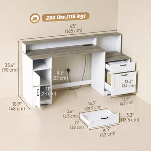 65" desk with storage and outlets, white and brown