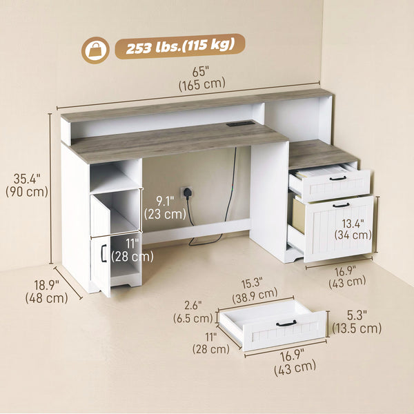 65" desk with storage and outlets, white and brown