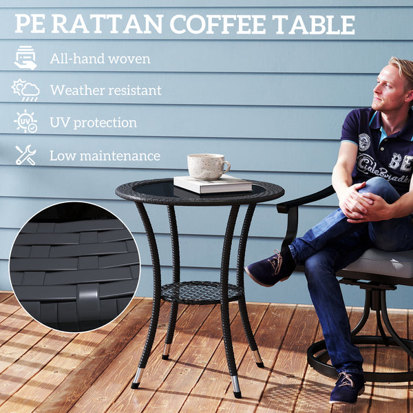 Outdoor rattan dining table with 2-tier storage shelf, black