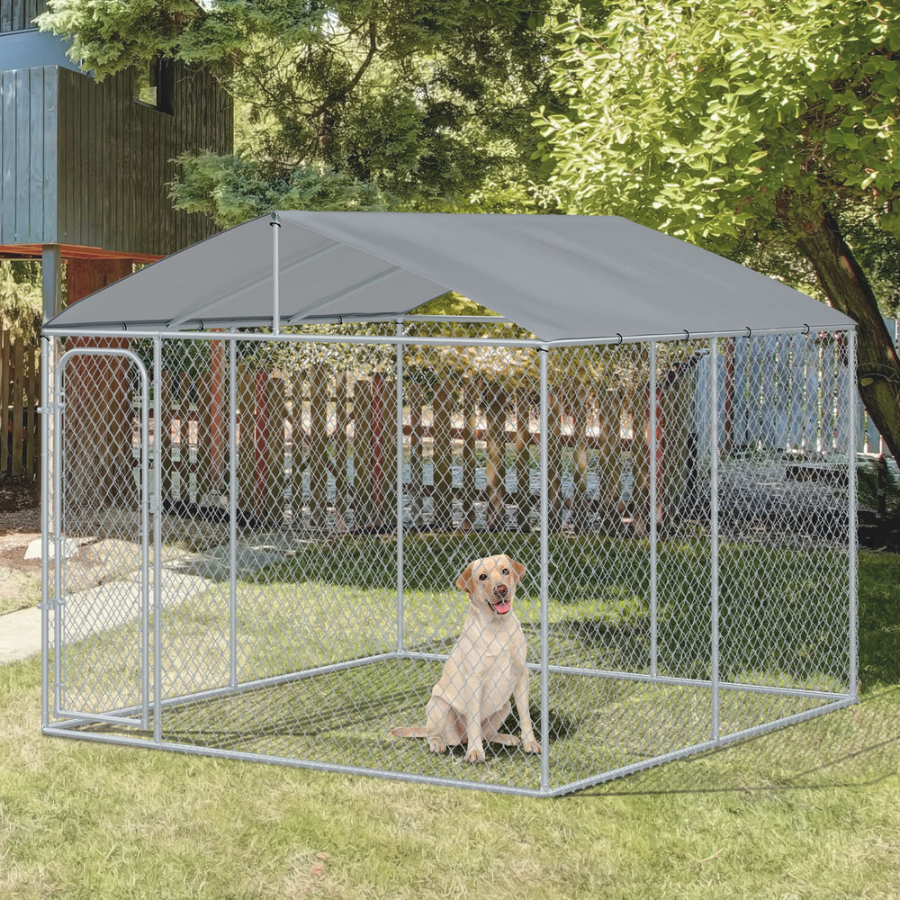 Outdoor enclosure with roof, steel padlock and wire mesh side panels
