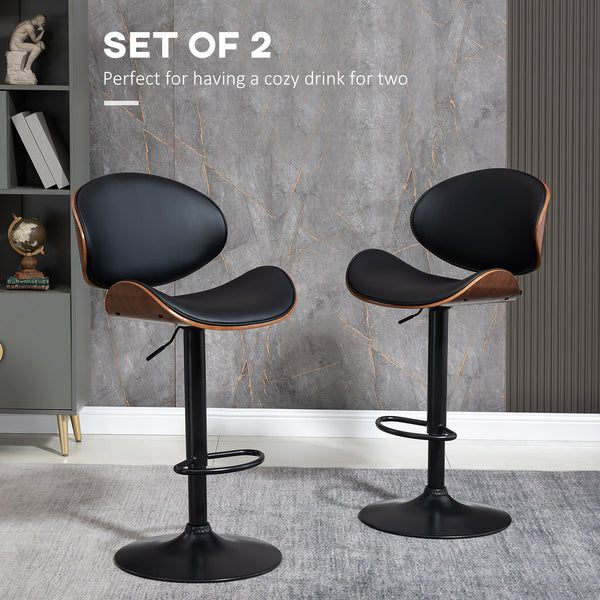 Set of 2 Modern Faux Leather Adjustable Swivel Bar Stools, Black 