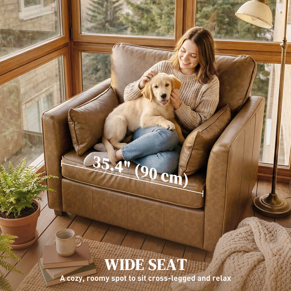 Faux leather accent chair with wide seat, spring cushion, rubberwood legs, 2 cushions, brown