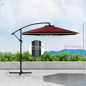 3m Hanging Garden Parasol, Offset, Banana, with Base and Crank, Wine Red