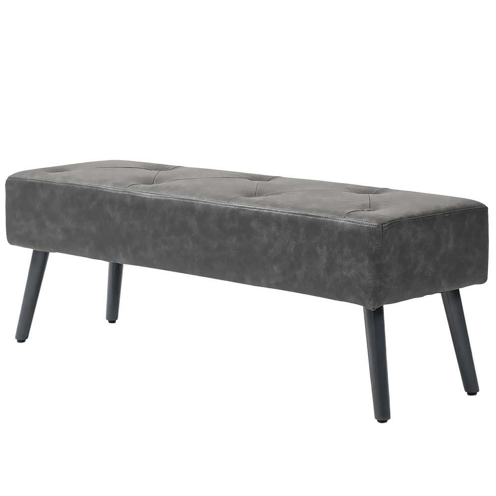 Bedroom bench with button tufting upholstered in faux leather, gray
