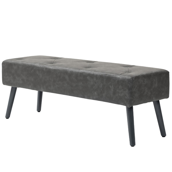 Bedroom bench with button tufting upholstered in faux leather, gray