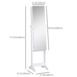 Freestanding jewelry cabinet with mirror, LED lighting and stand, white