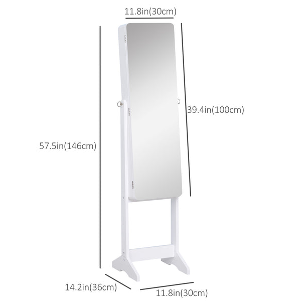 Freestanding jewelry cabinet with mirror, LED lighting and stand, white
