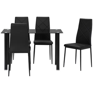 Table and chair set for 4 people, glass table, padded seat and steel frame