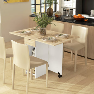 Folding dining table with drawer and storage shelves, oak 