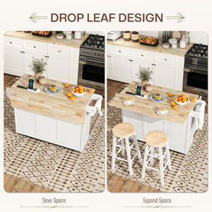White mobile kitchen island with fold-down countertop, electrical outlets and 3 drawers