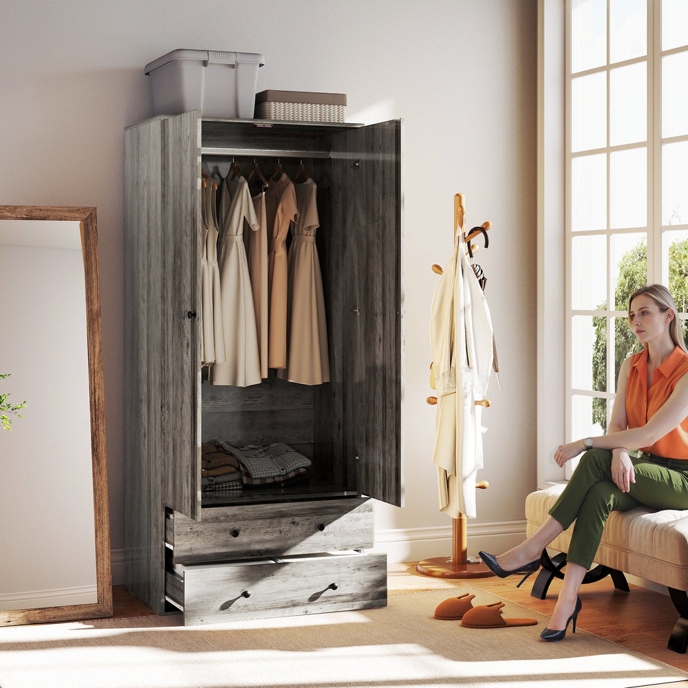 Modern wardrobe with 2 drawers and hanging rod, grey